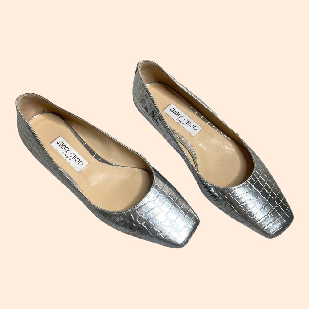 Jimmy Choo Silver Croc-Embossed Leather Ballet Flats